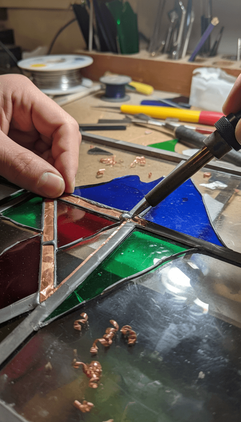 Close-up of professional stained glass repair showing copper foil technique