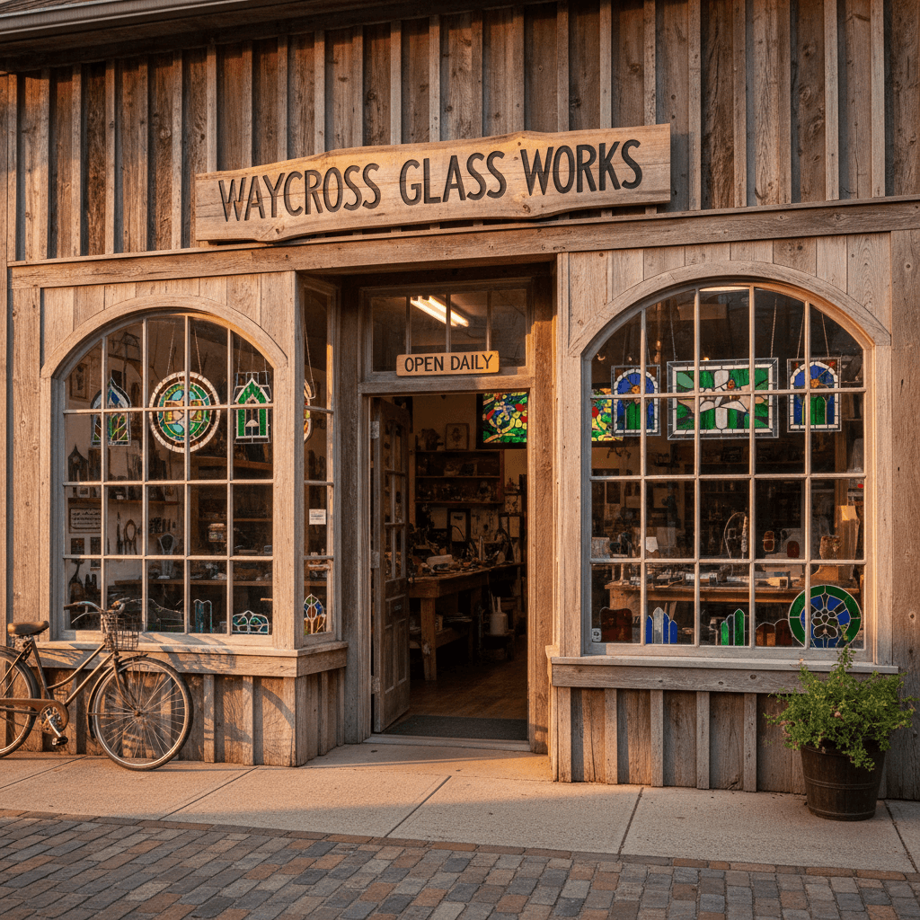 Workshop storefront in Waycross displaying finished stained glass pieces