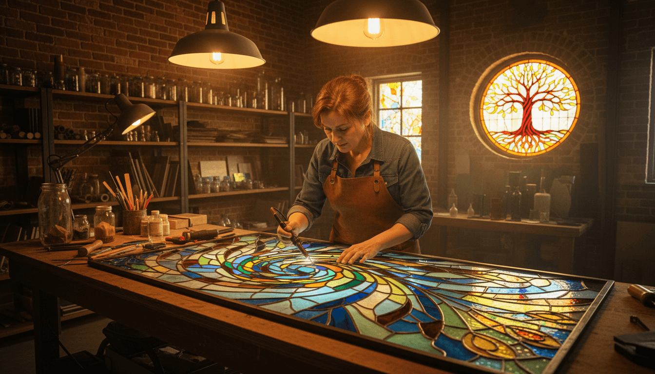 Master glass artist crafting detailed stained glass panel in bright professional studio