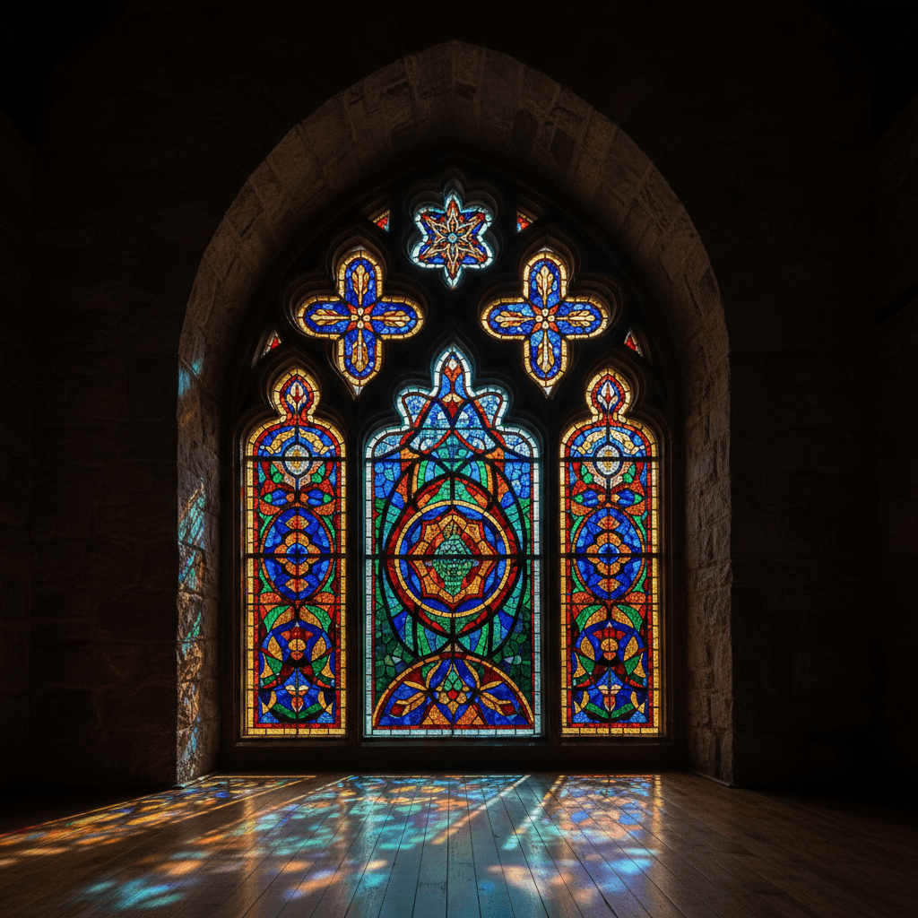 Completed stained glass window installation with vibrant colored patterns