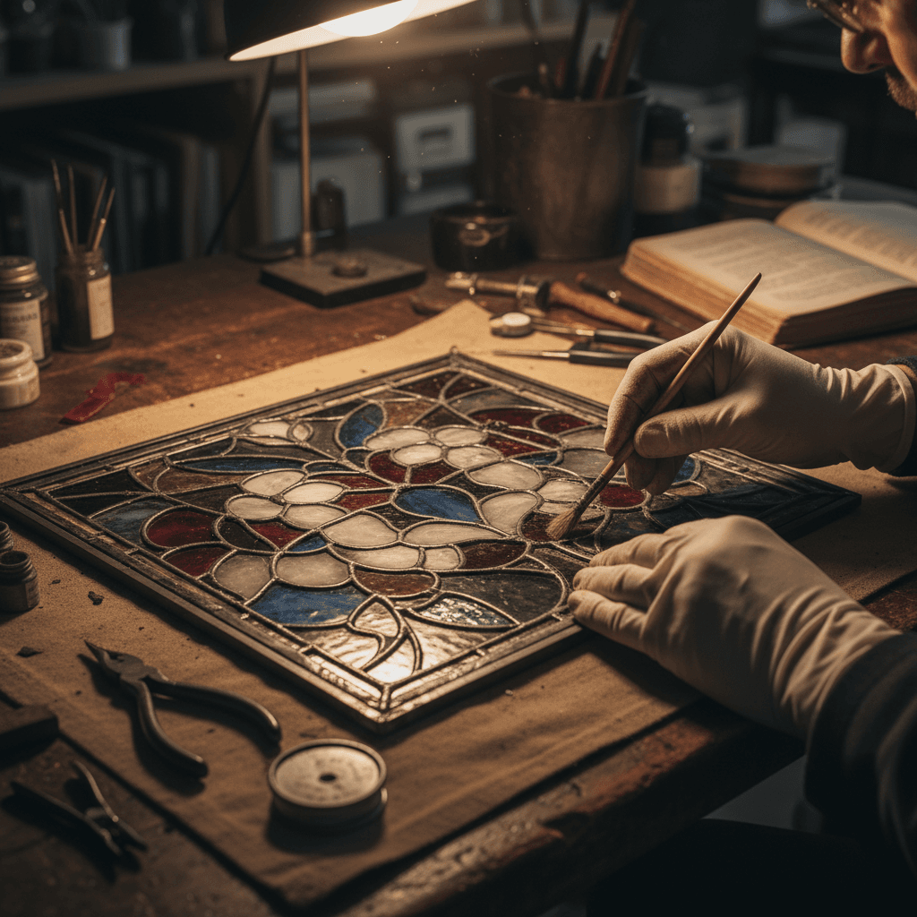 Hands carefully restoring the lead framework of an antique stained glass piece