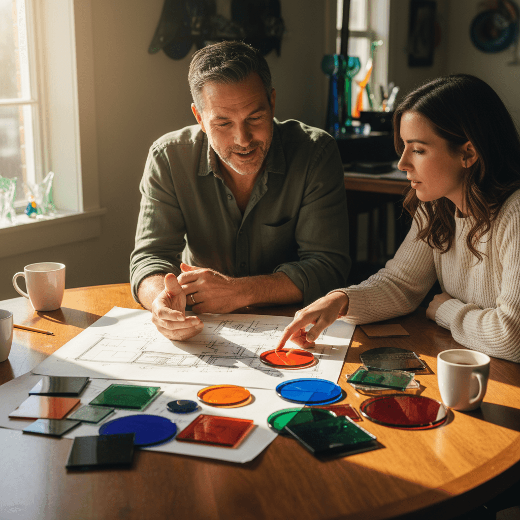 Designer and client discussing stained glass designs and color samples together