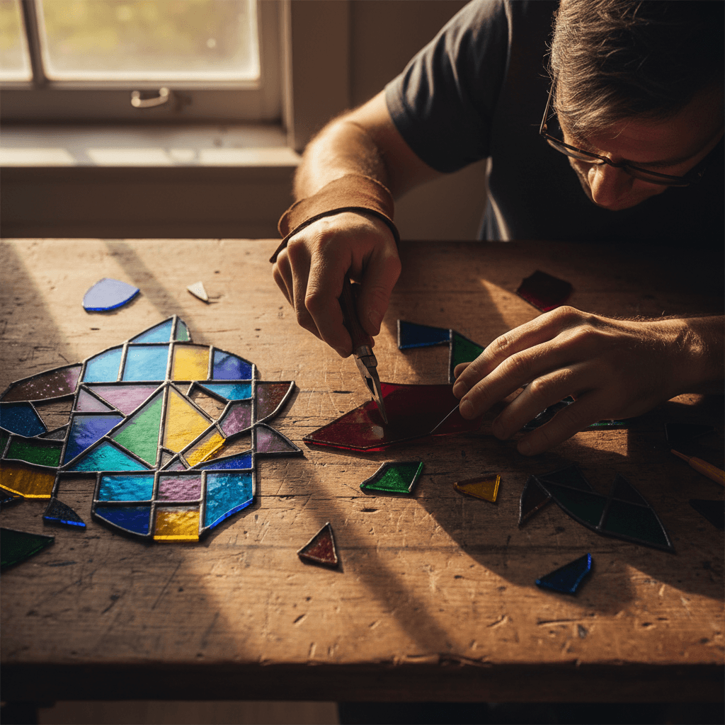 Hands carefully assembling stained glass pieces on a wooden work surface
