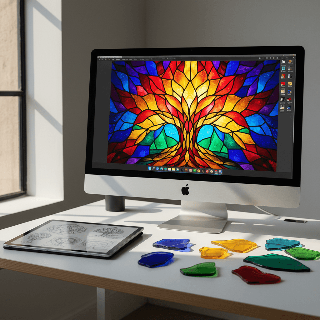 Computer monitor displaying stained glass design with tablet and glass samples
