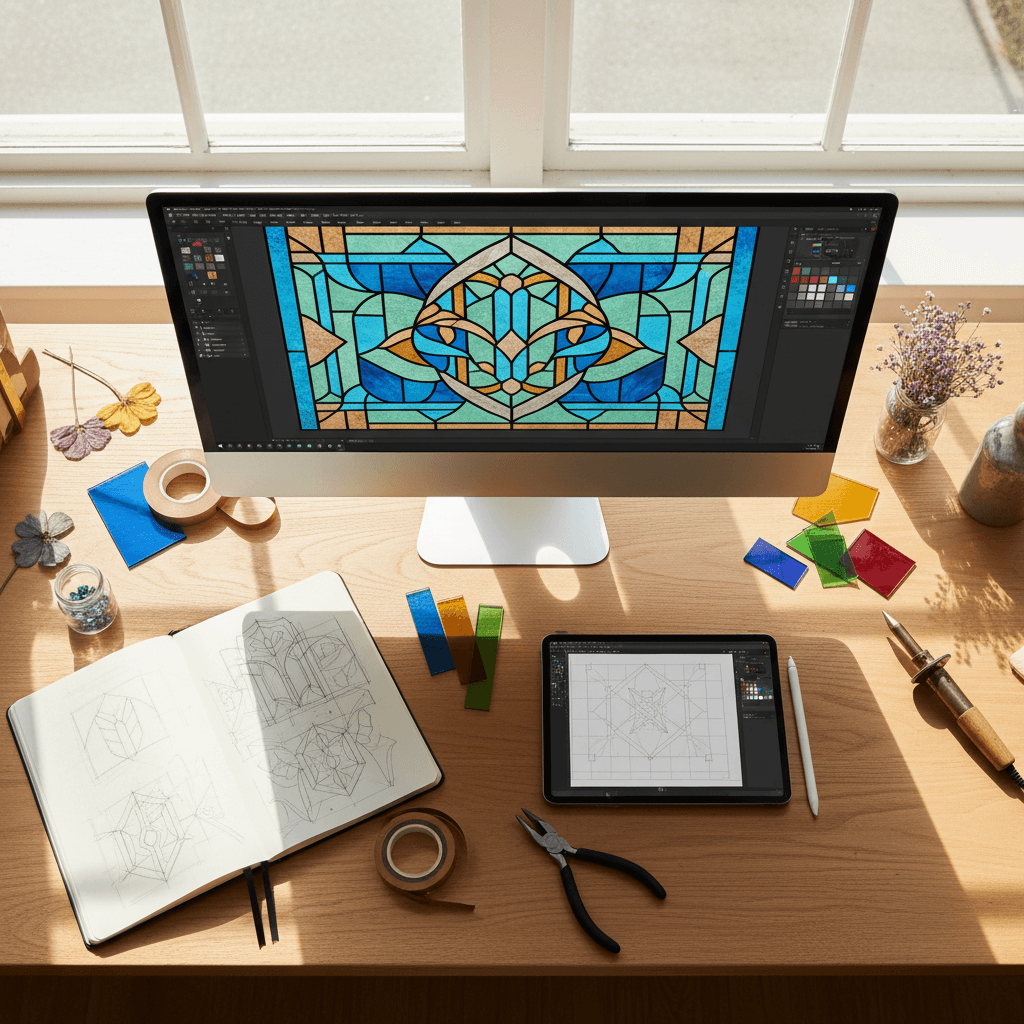 Digital stained glass design preview on computer