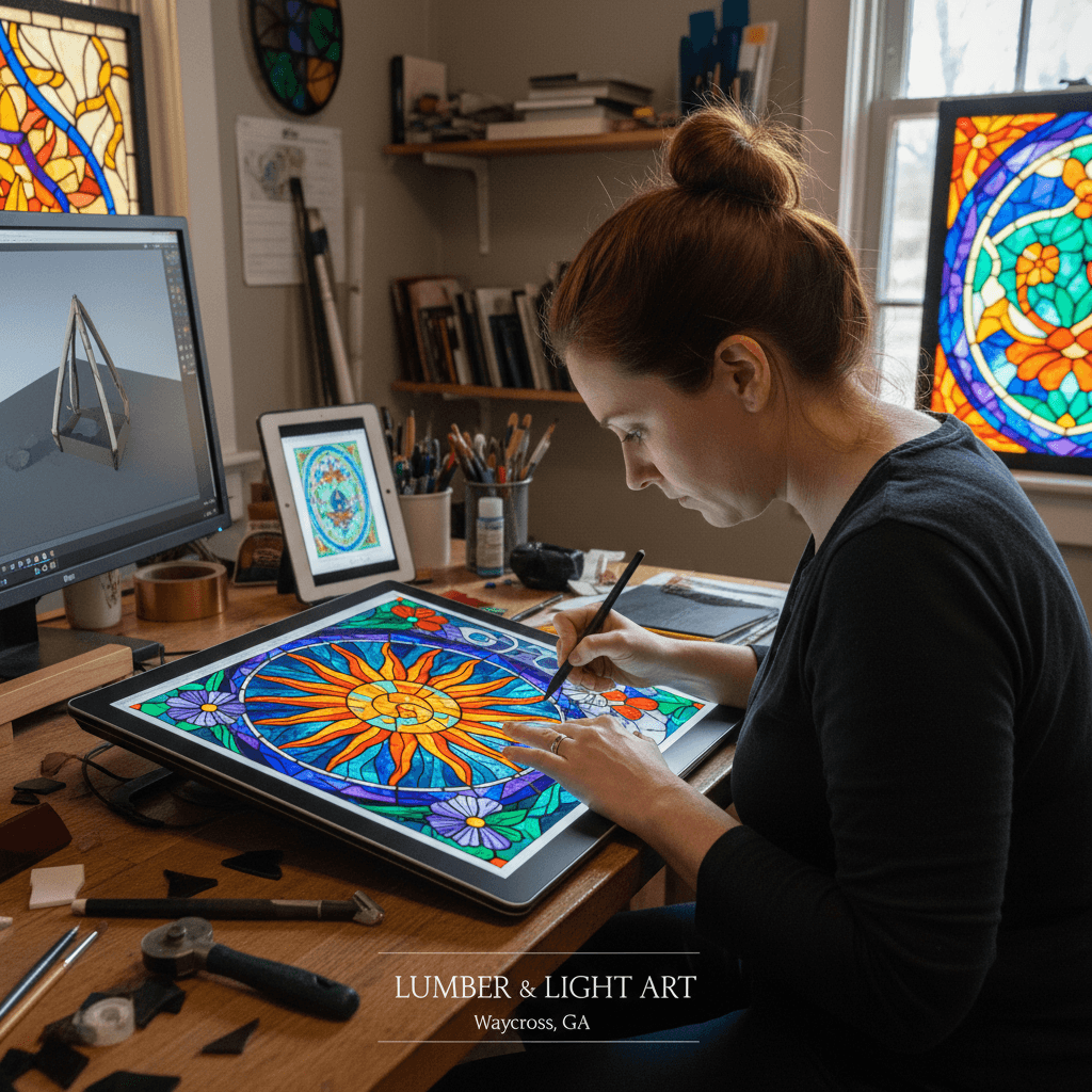 Artist creating a detailed stained glass drawing at a workshop, showcasing vibrant designs.