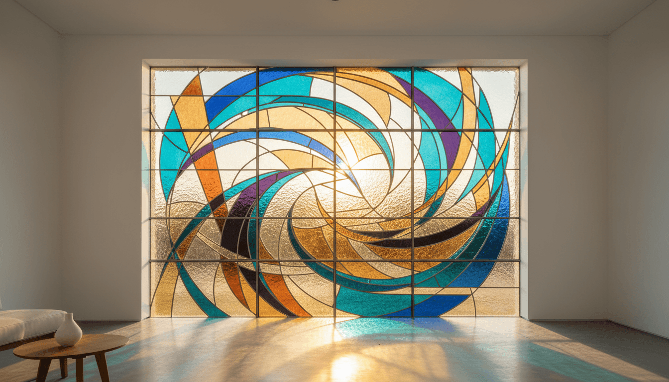Custom stained glass window featuring geometric patterns and vibrant colored glass